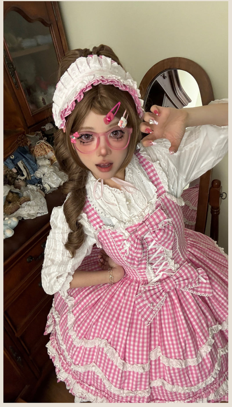 Tata Long Ear - Gingham Baileys - Pink gingham check sweet lolita JSK