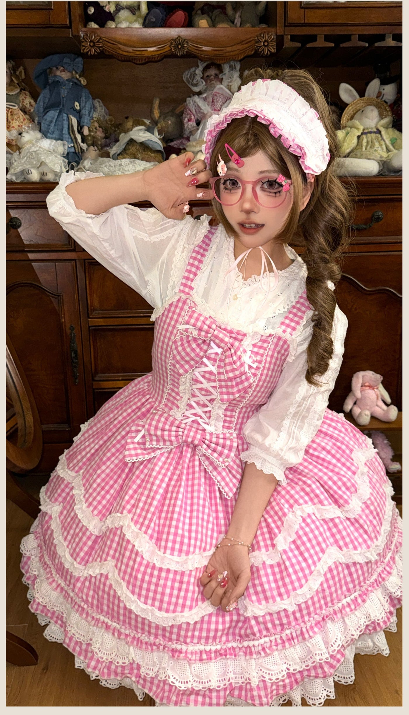 Tata Long Ear - Gingham Baileys - Pink gingham check sweet lolita JSK