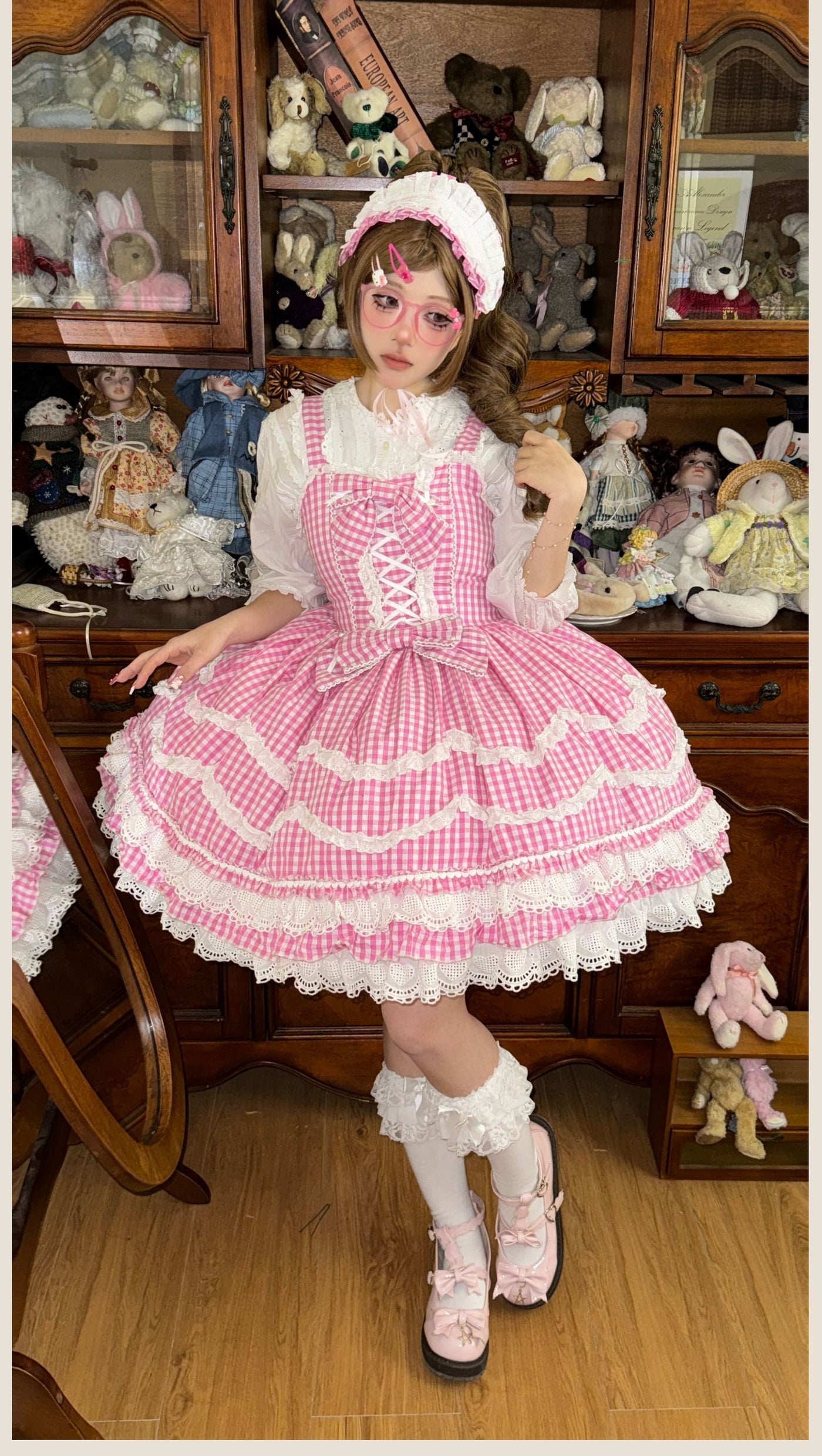 Tata Long Ear - Gingham Baileys - Pink gingham check sweet lolita JSK