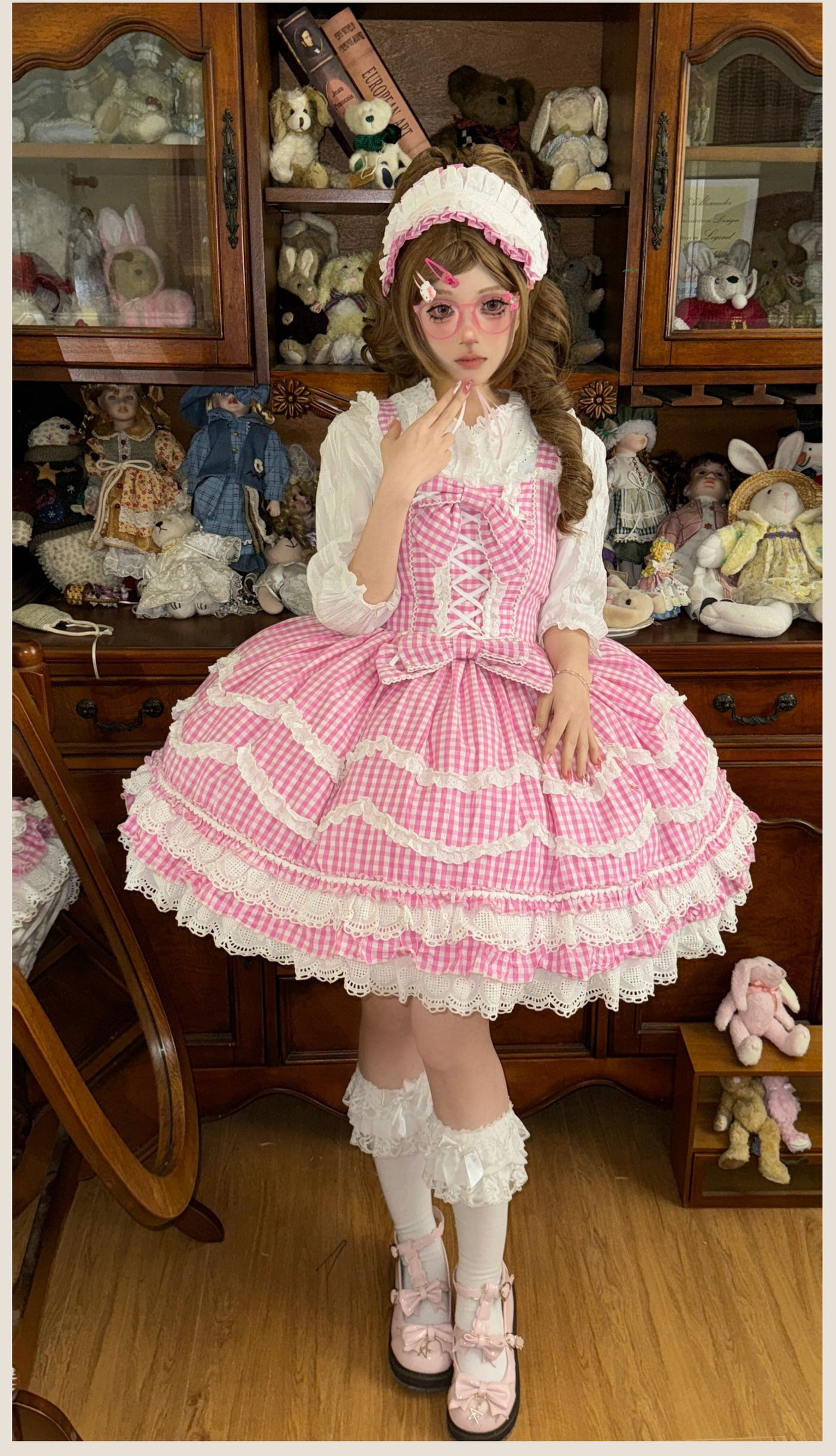 Tata Long Ear - Gingham Baileys - Pink gingham check sweet lolita JSK