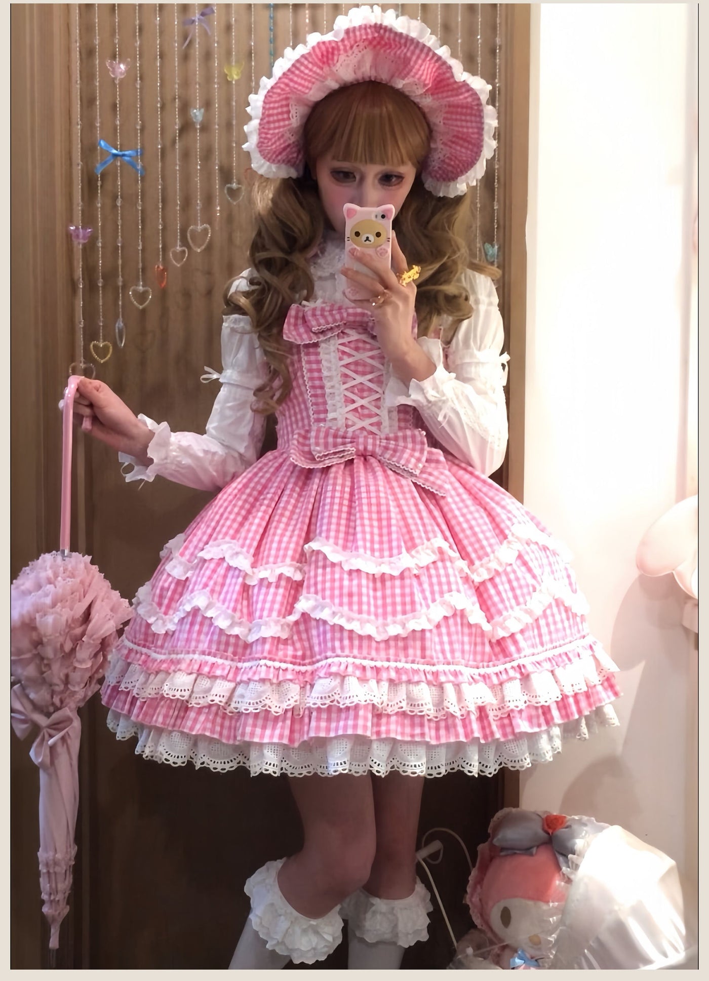Tata Long Ear - Gingham Baileys - Pink gingham check sweet lolita JSK