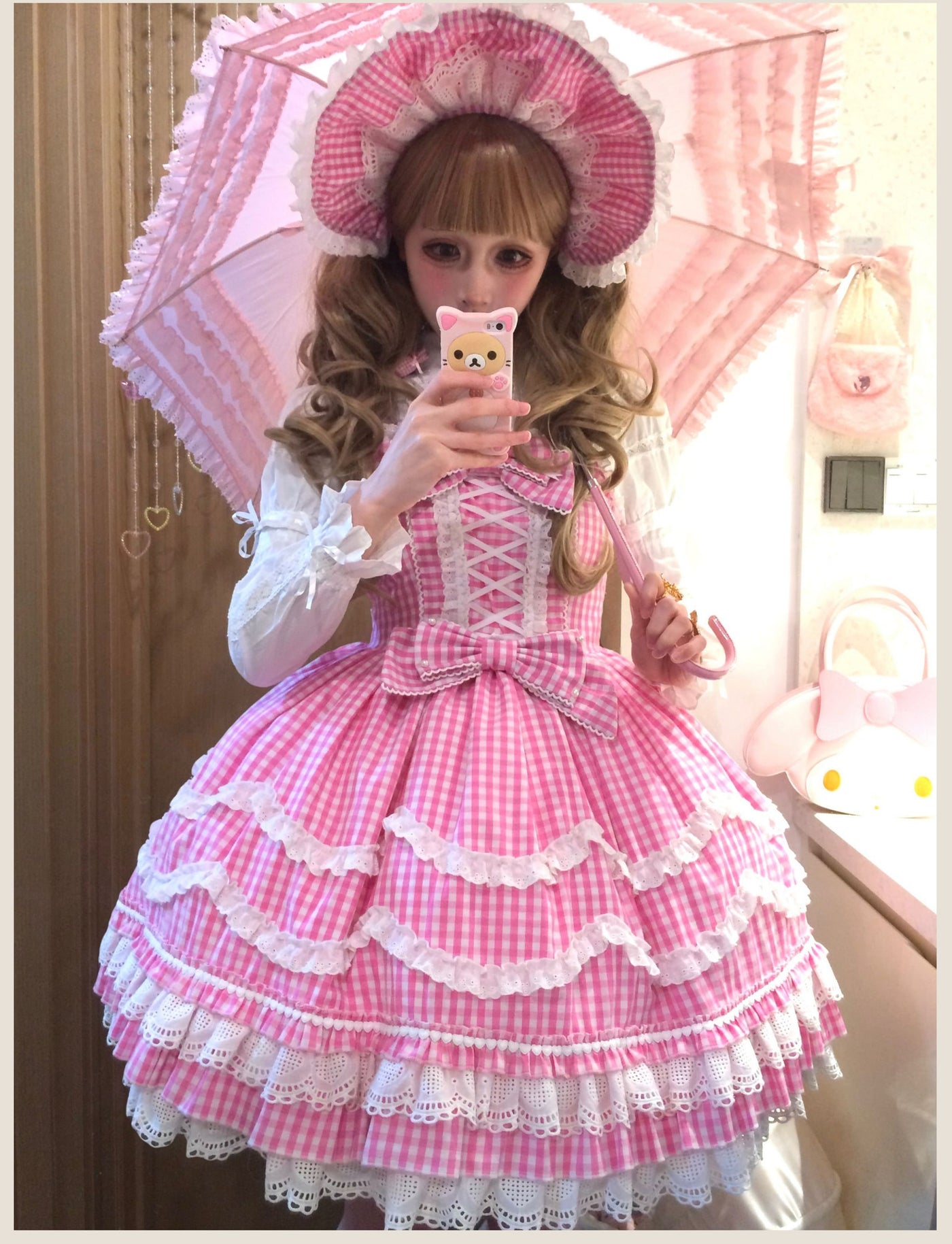Tata Long Ear - Gingham Baileys - Pink gingham check sweet lolita JSK