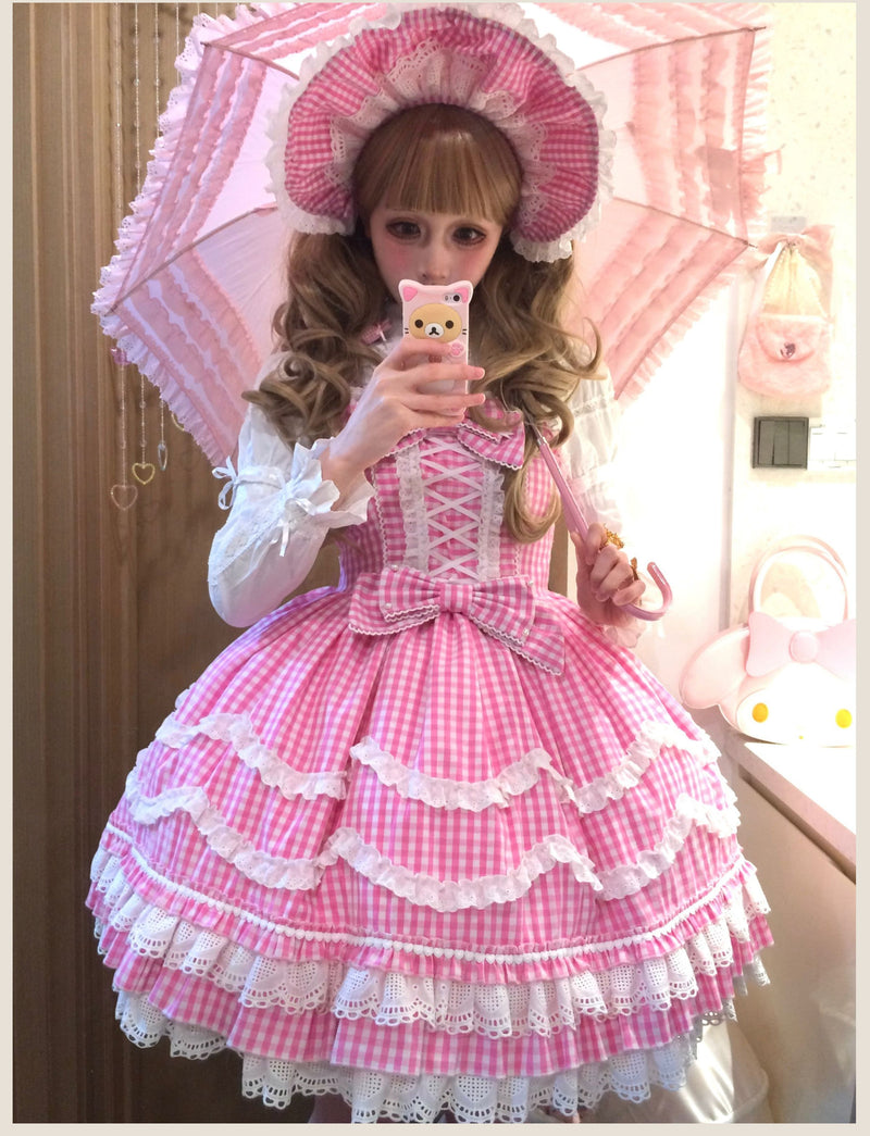 Tata Long Ear - Gingham Baileys - Pink gingham check sweet lolita JSK