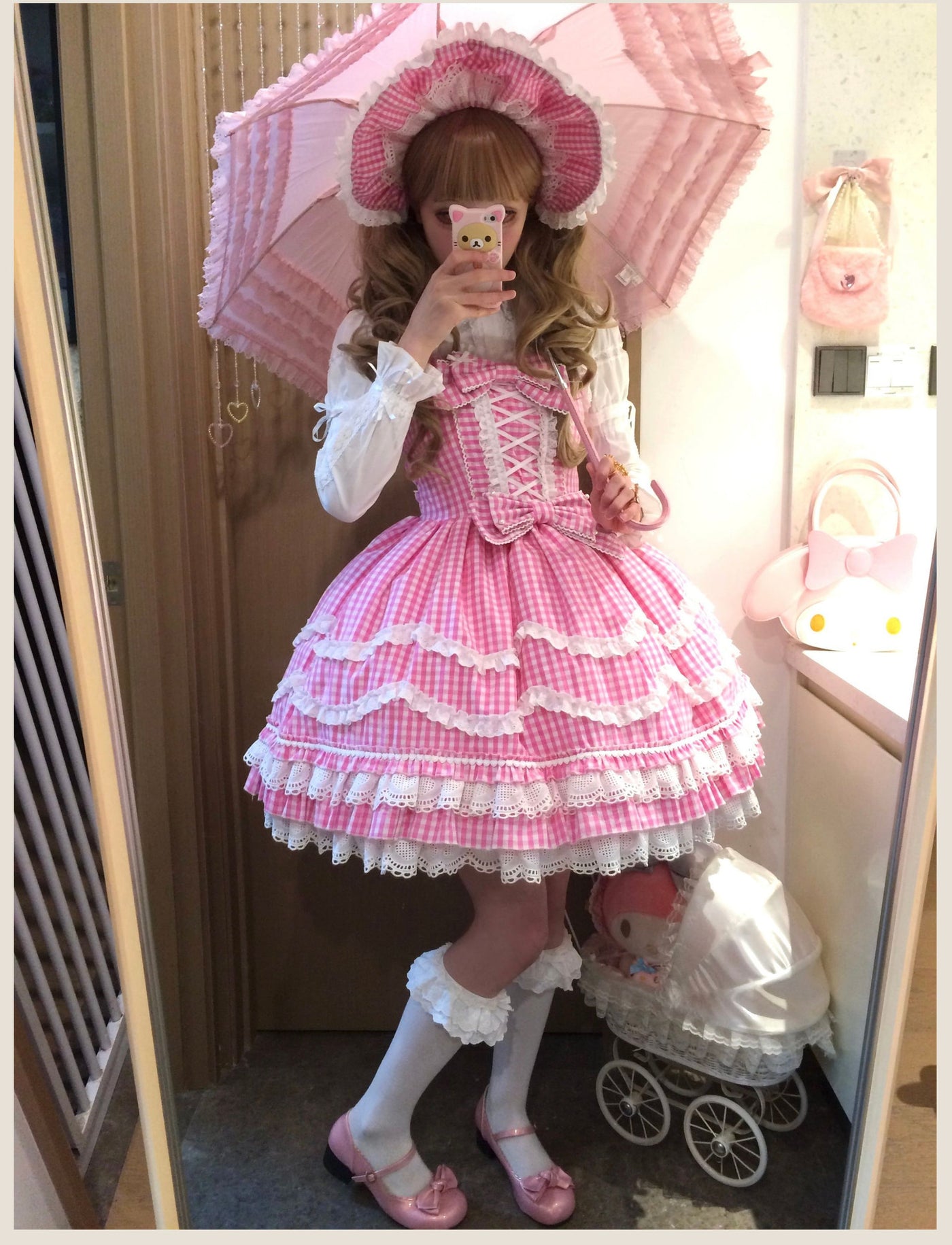 Tata Long Ear - Gingham Baileys - Pink gingham check sweet lolita JSK