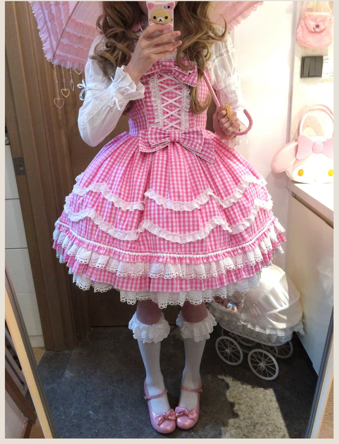Tata Long Ear - Gingham Baileys - Pink gingham check sweet lolita JSK