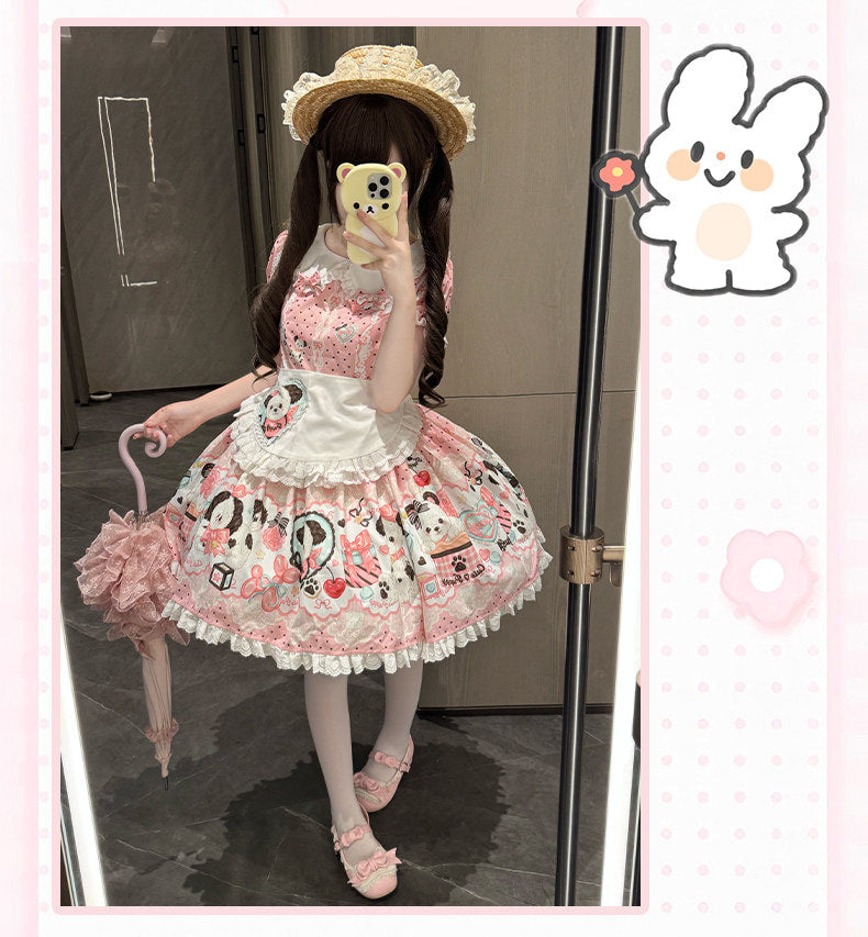 Yanran - Sweet Puppy Print Lolita OP - One-piece Sweet Lolita dress