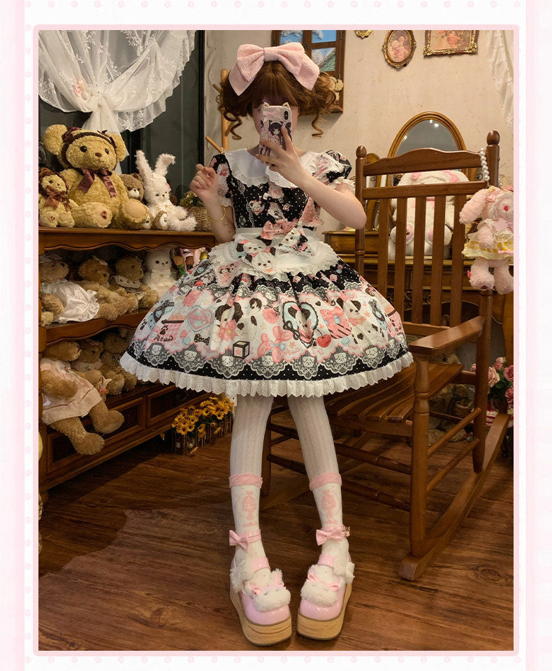 Yanran - Sweet Puppy Print Lolita OP - One-piece Sweet Lolita dress