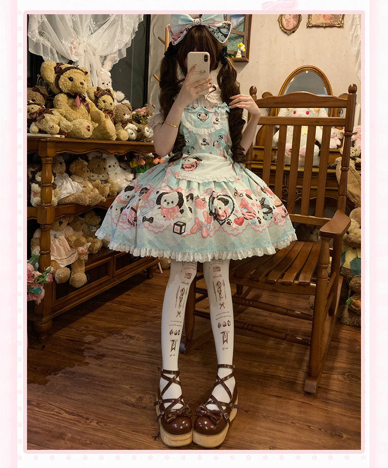 Yanran - Sweet Puppy Print Lolita OP - One-piece Sweet Lolita dress