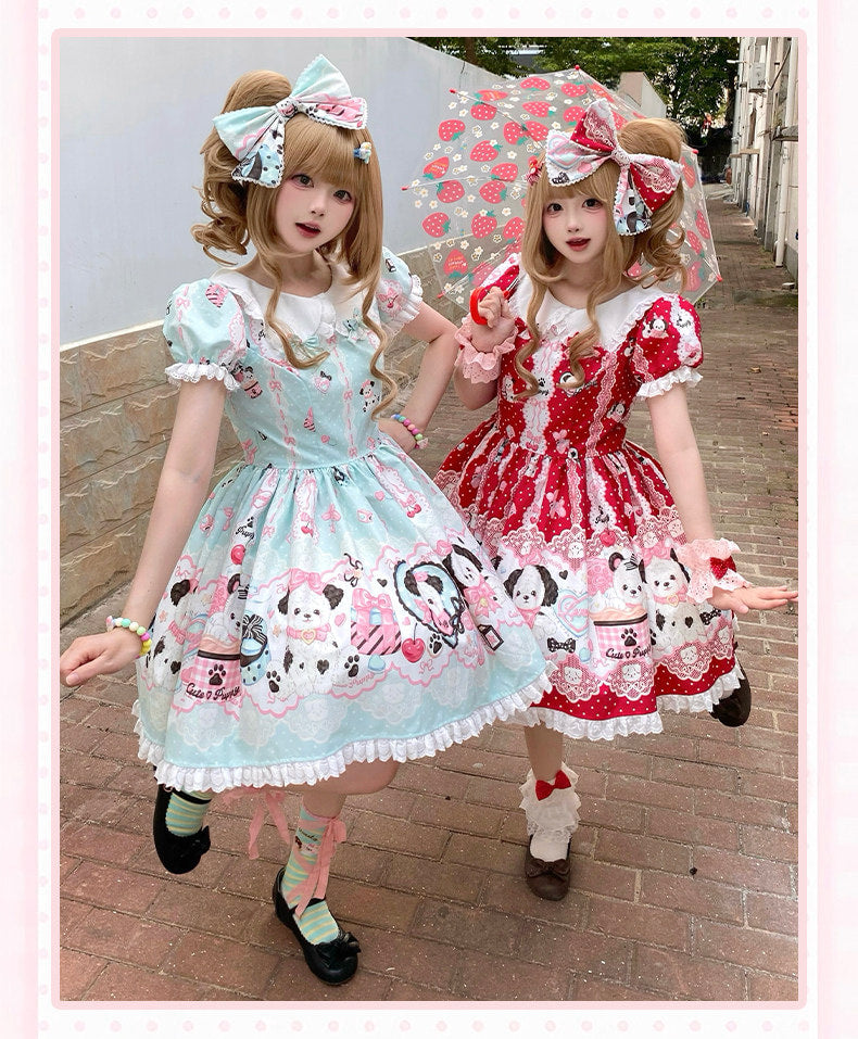 Yanran - Sweet Puppy Print Lolita OP - One-piece Sweet Lolita dress