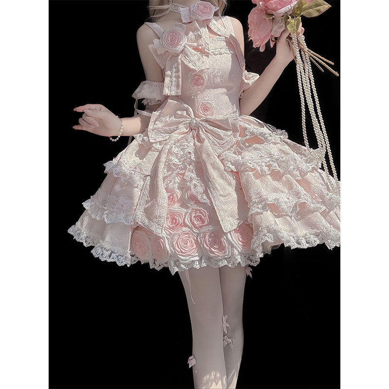 Creamy - Sweet Lolita Pink Rose Dress - Short pink lolita dress