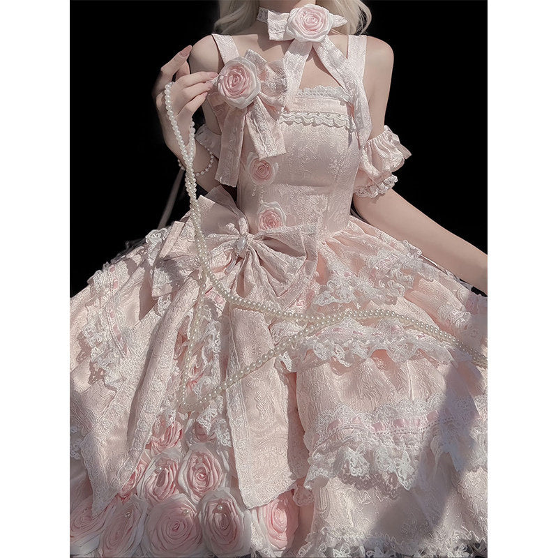 Creamy - Sweet Lolita Pink Rose Dress - Short pink lolita dress