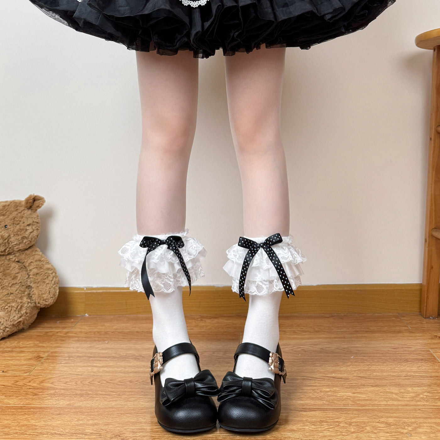 Chubby Bear Tales - Polka Dot Bow Socks - White base Lolita socks with colored