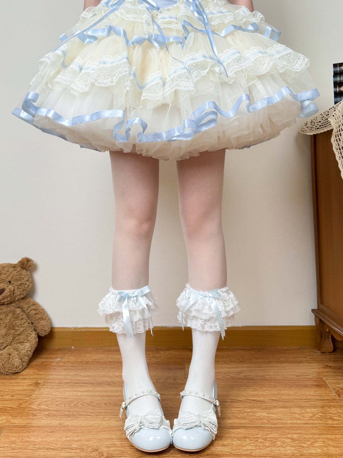 Chubby Bear Tales - Polka Dot Bow Socks - White base Lolita socks with colored