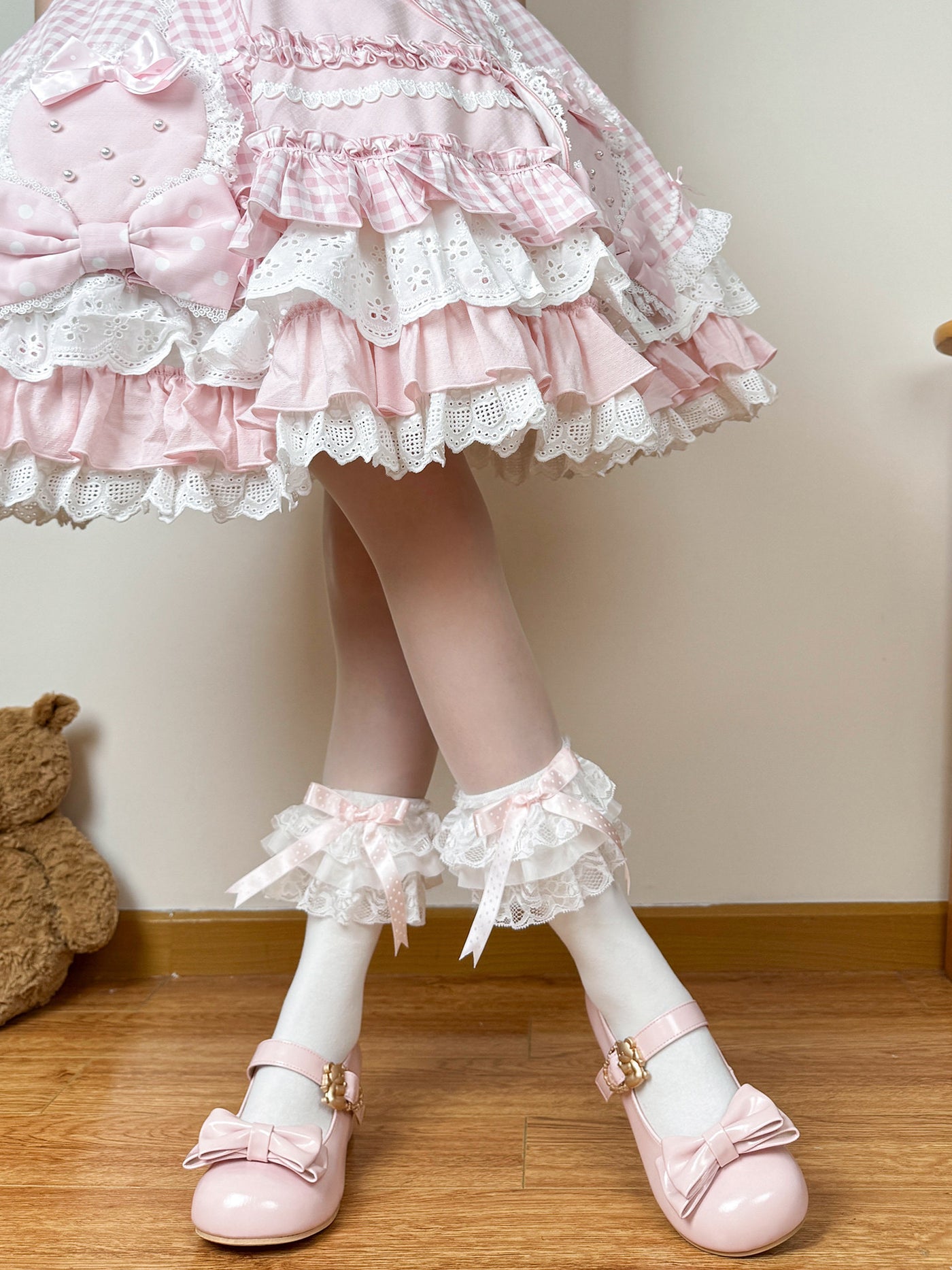 Chubby Bear Tales - Polka Dot Bow Socks - White base Lolita socks with colored