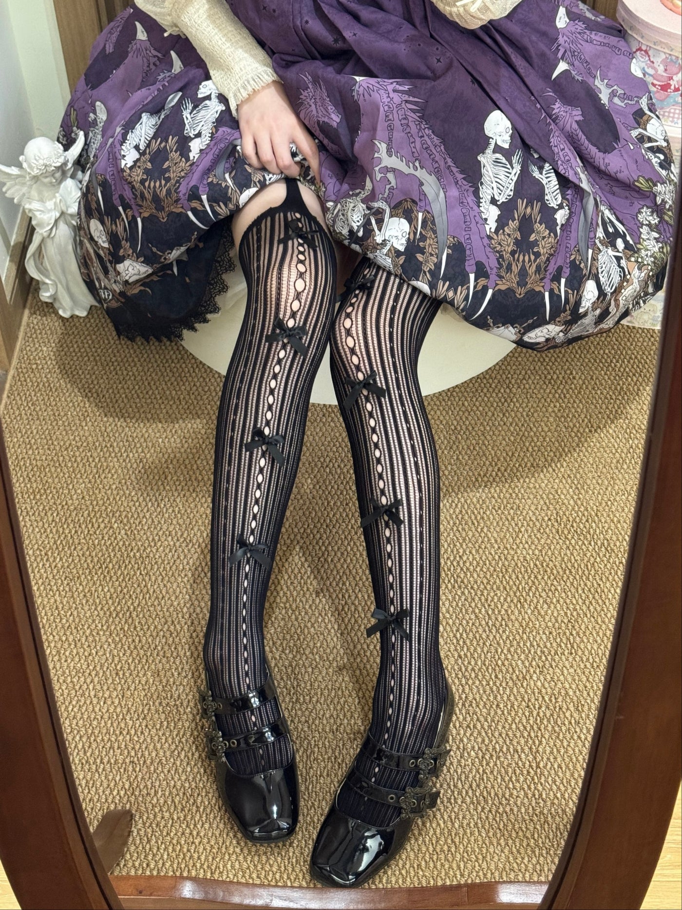 Ivory Sweet Lolita bow cutout vertical stripe thigh-high tights