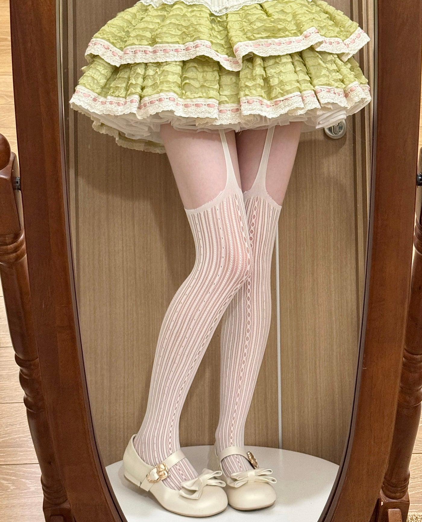 Black Sweet Lolita bow cutout vertical stripe thigh-high tights
