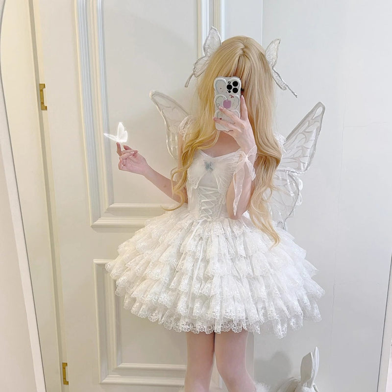 Back view of white sweet lolita short OP dress with attached butterfly back accessory