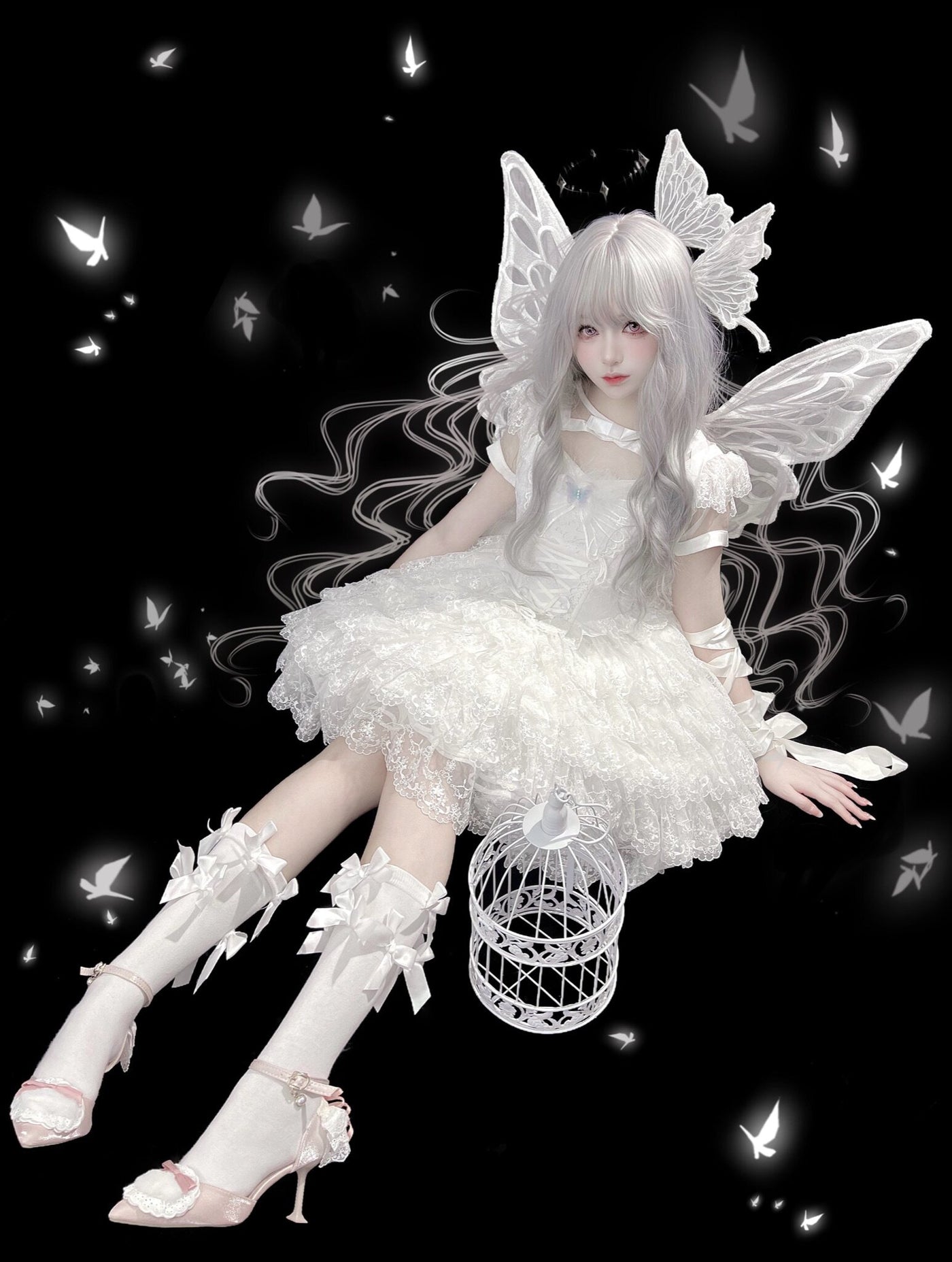 Full view of white sweet lolita short OP dress with butterfly back accessory and side clips