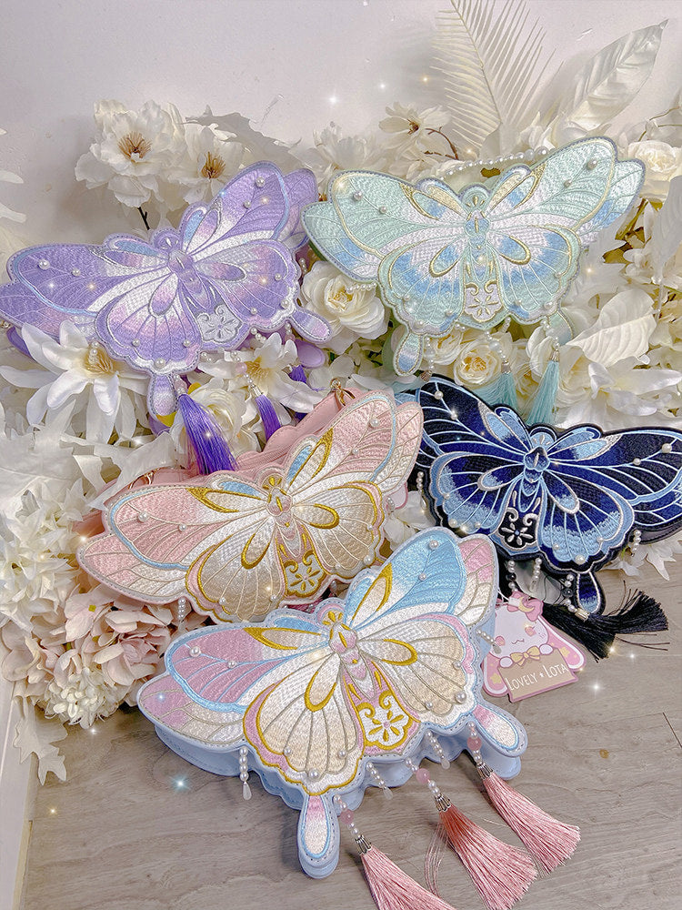 LovelyLota - Butterfly Embroidery - Pearl-Trimmed Handbag