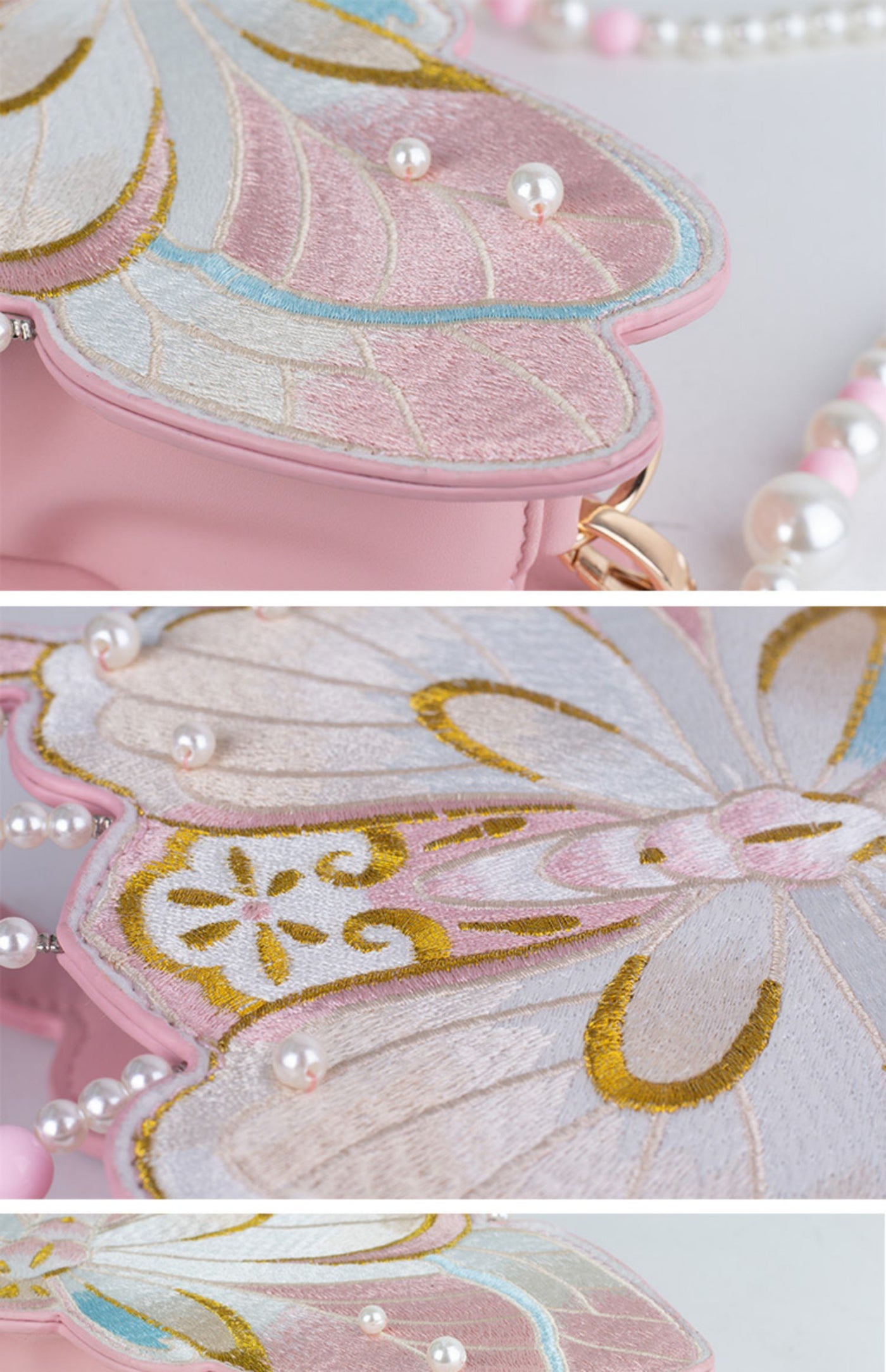 LovelyLota - Butterfly Embroidery - Pearl-Trimmed Handbag