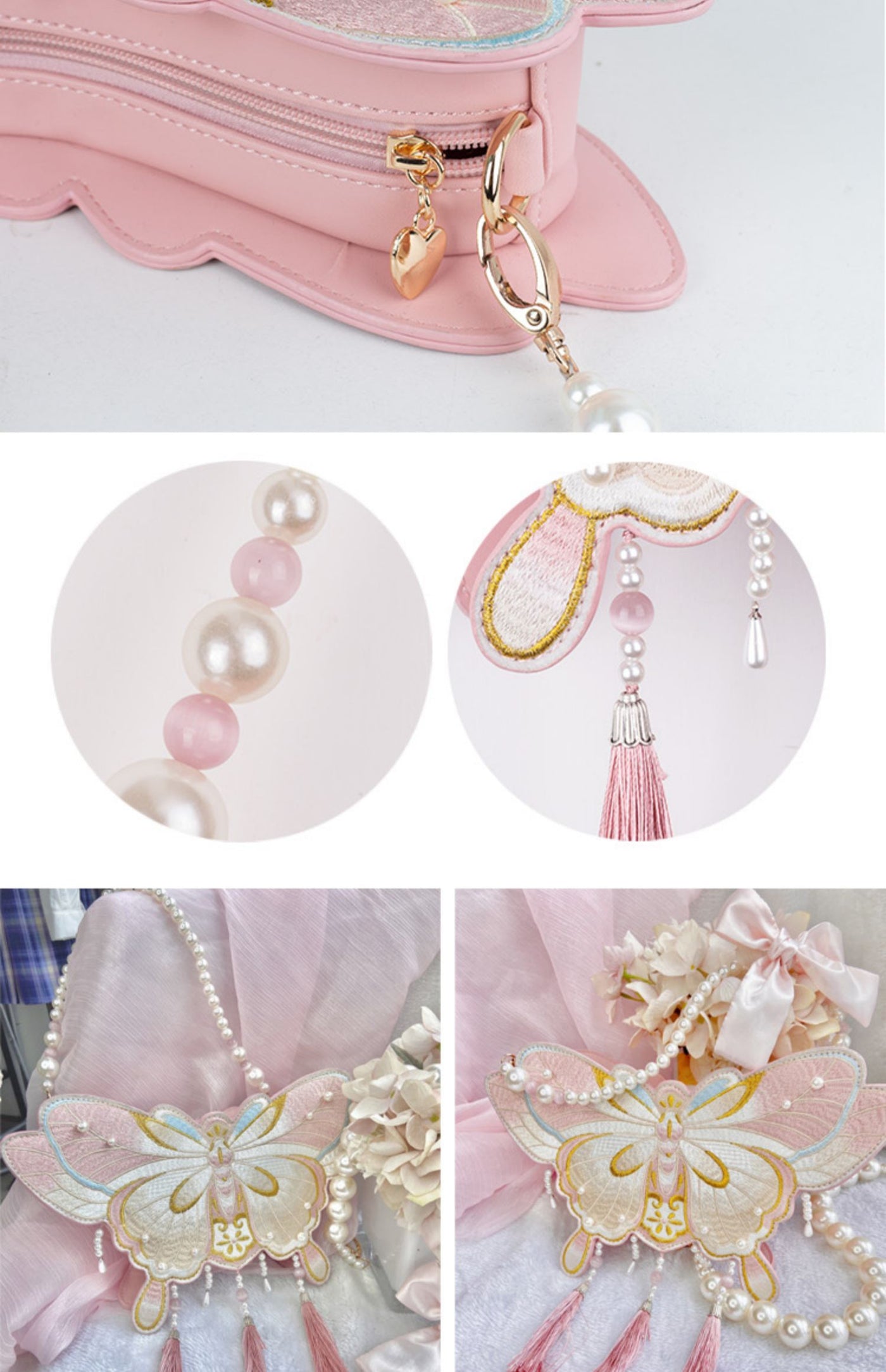 LovelyLota - Butterfly Embroidery - Pearl-Trimmed Handbag