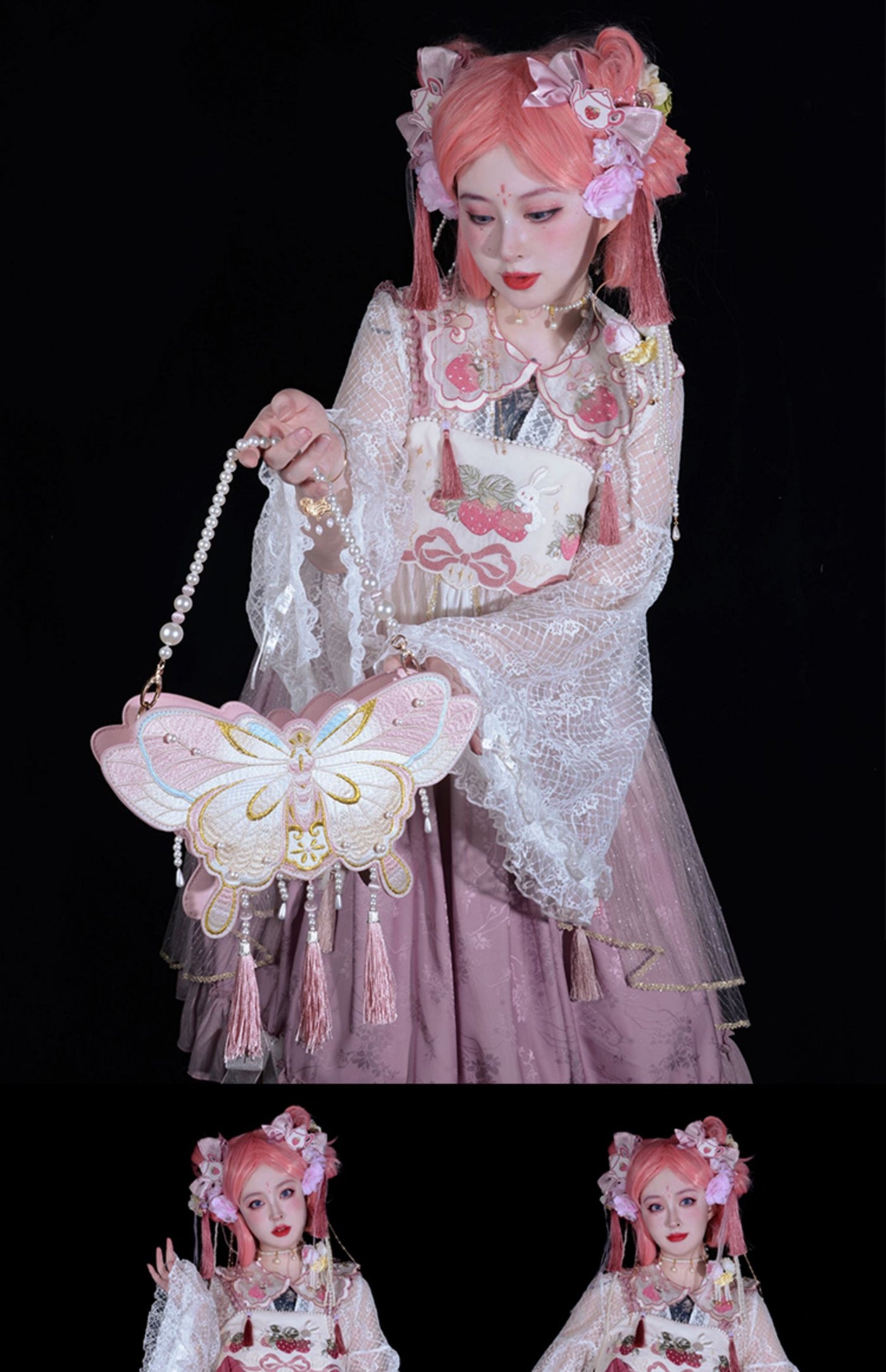 LovelyLota - Butterfly Embroidery - Pearl-Trimmed Handbag