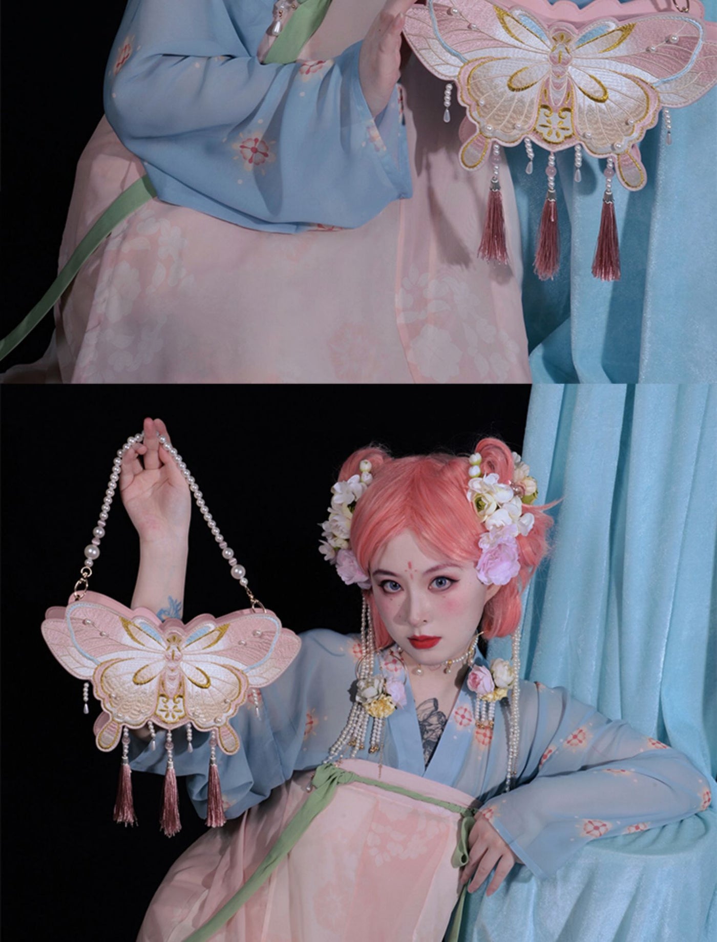 LovelyLota - Butterfly Embroidery - Pearl-Trimmed Handbag