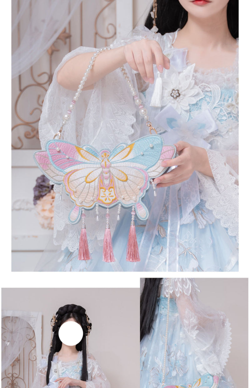 LovelyLota - Butterfly Embroidery - Pearl-Trimmed Handbag