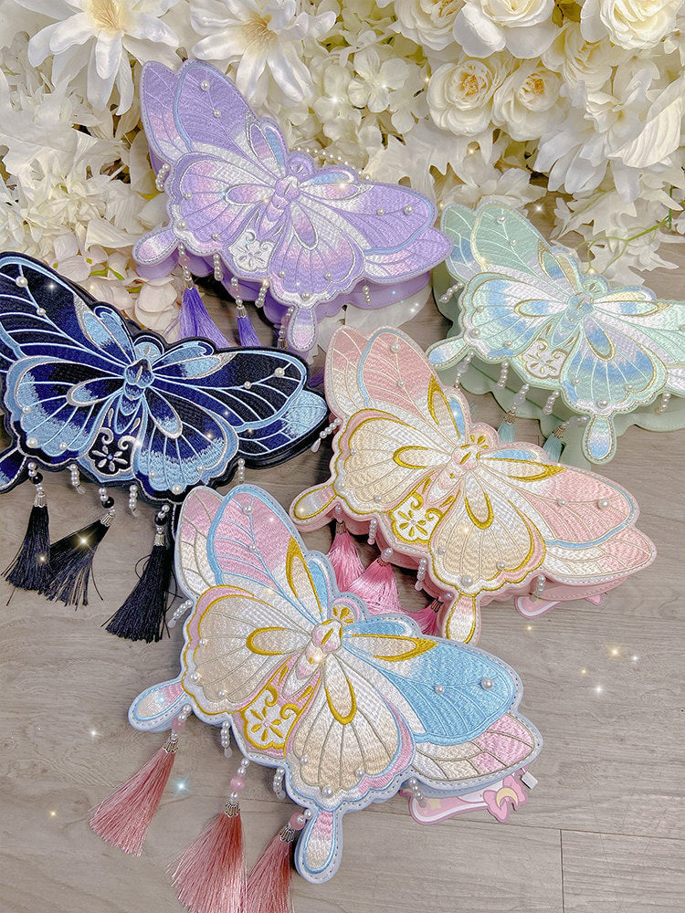 LovelyLota - Butterfly Embroidery - Pearl-Trimmed Handbag