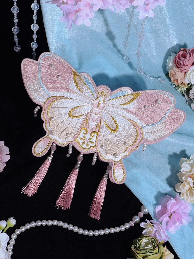 LovelyLota - Butterfly Embroidery - Pearl-Trimmed Handbag