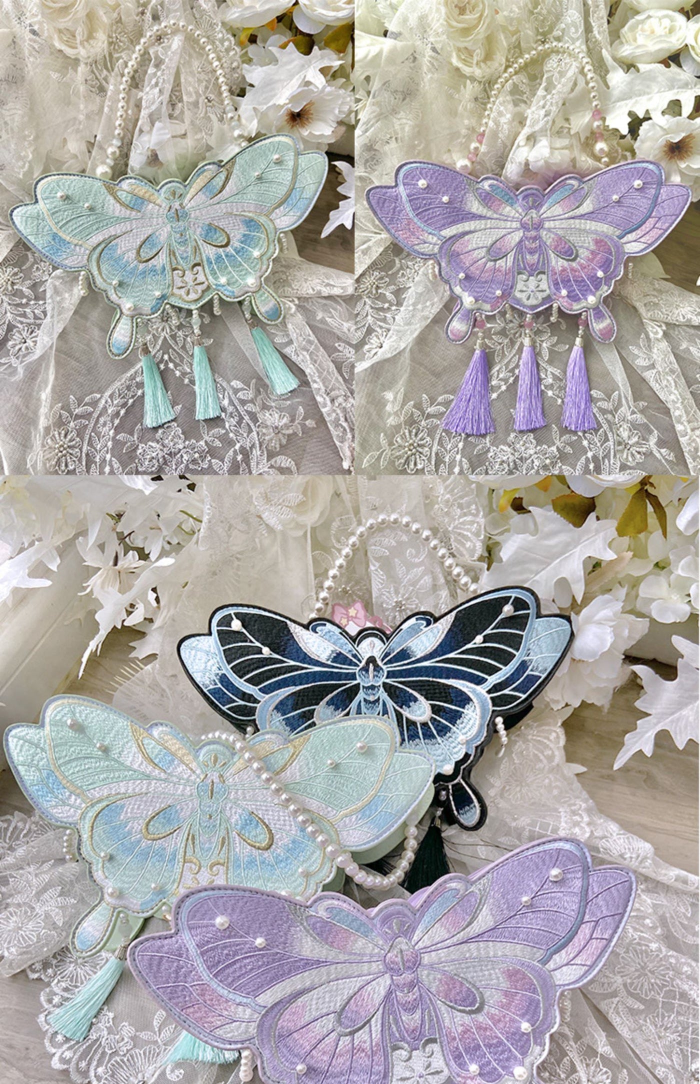 LovelyLota - Butterfly Embroidery - Pearl-Trimmed Handbag