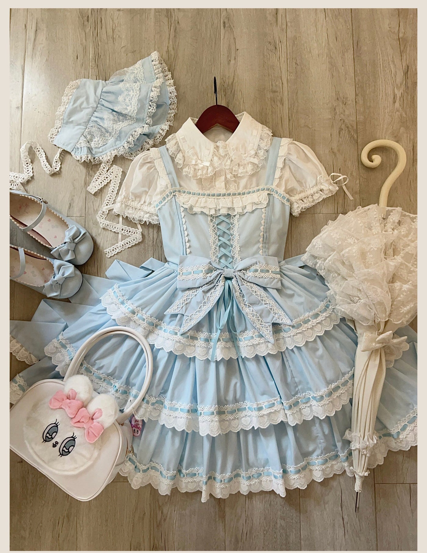 Black Tata Long Ear Otome Heart Lolita JSK with matching black headband, size S