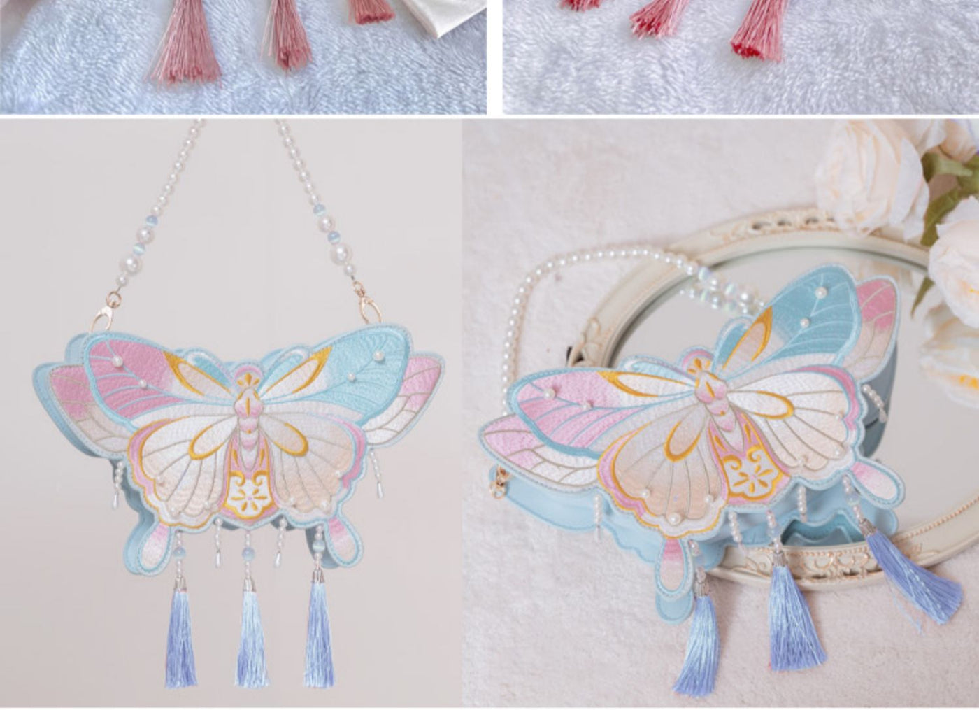 LovelyLota - Butterfly Embroidery - Pearl-Trimmed Handbag