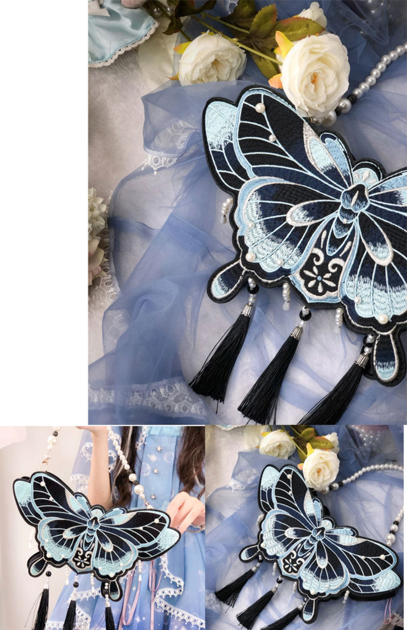 LovelyLota - Butterfly Embroidery - Pearl-Trimmed Handbag