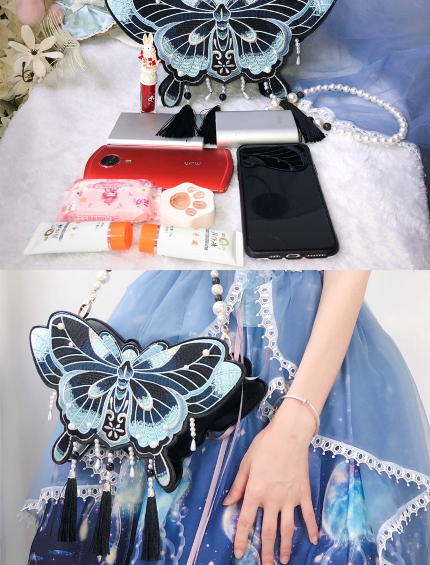 LovelyLota - Butterfly Embroidery - Pearl-Trimmed Handbag