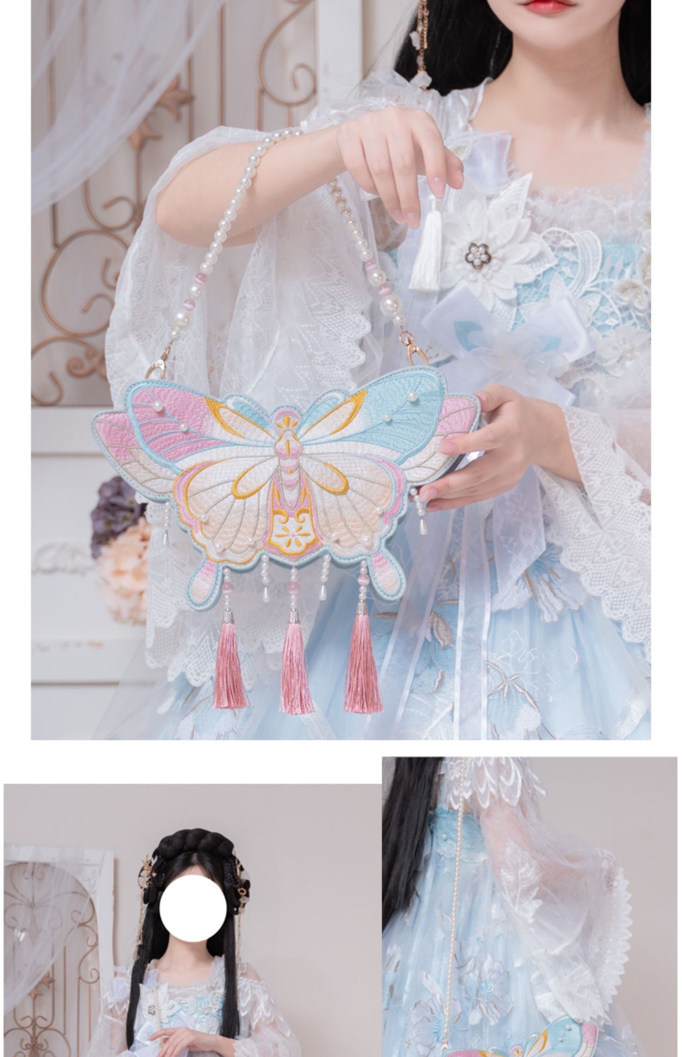 LovelyLota - Butterfly Embroidery - Pearl-Trimmed Handbag