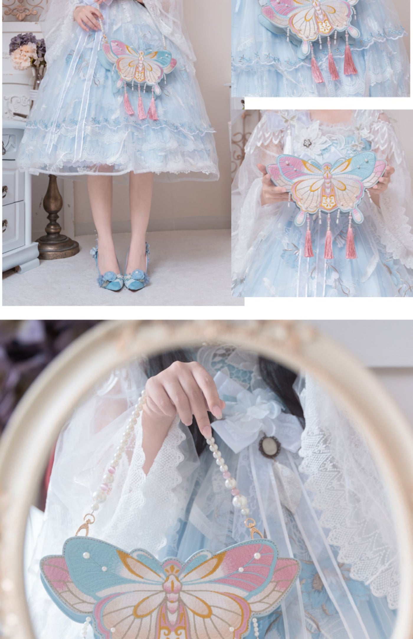 LovelyLota - Butterfly Embroidery - Pearl-Trimmed Handbag