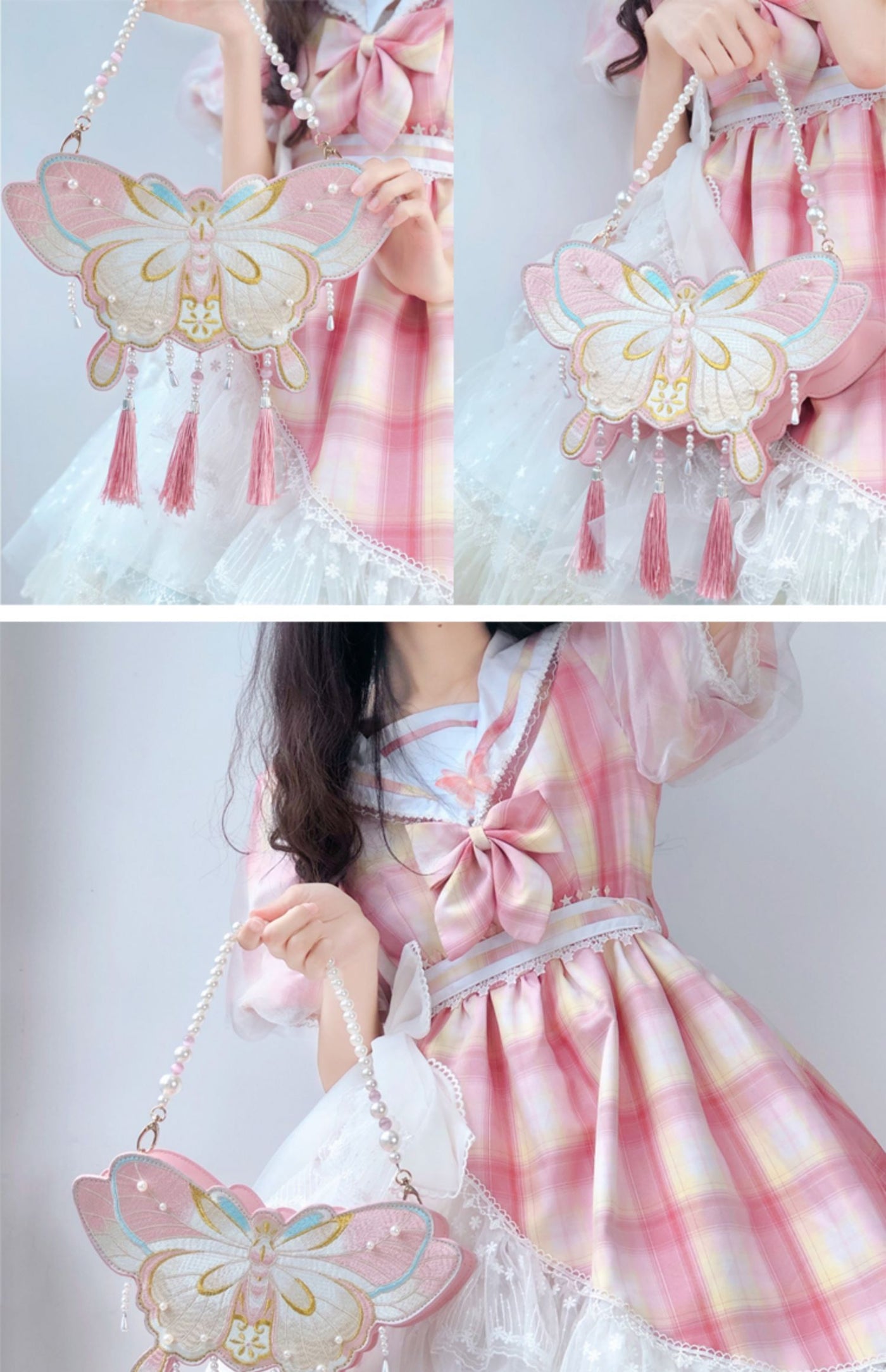 LovelyLota - Butterfly Embroidery - Pearl-Trimmed Handbag