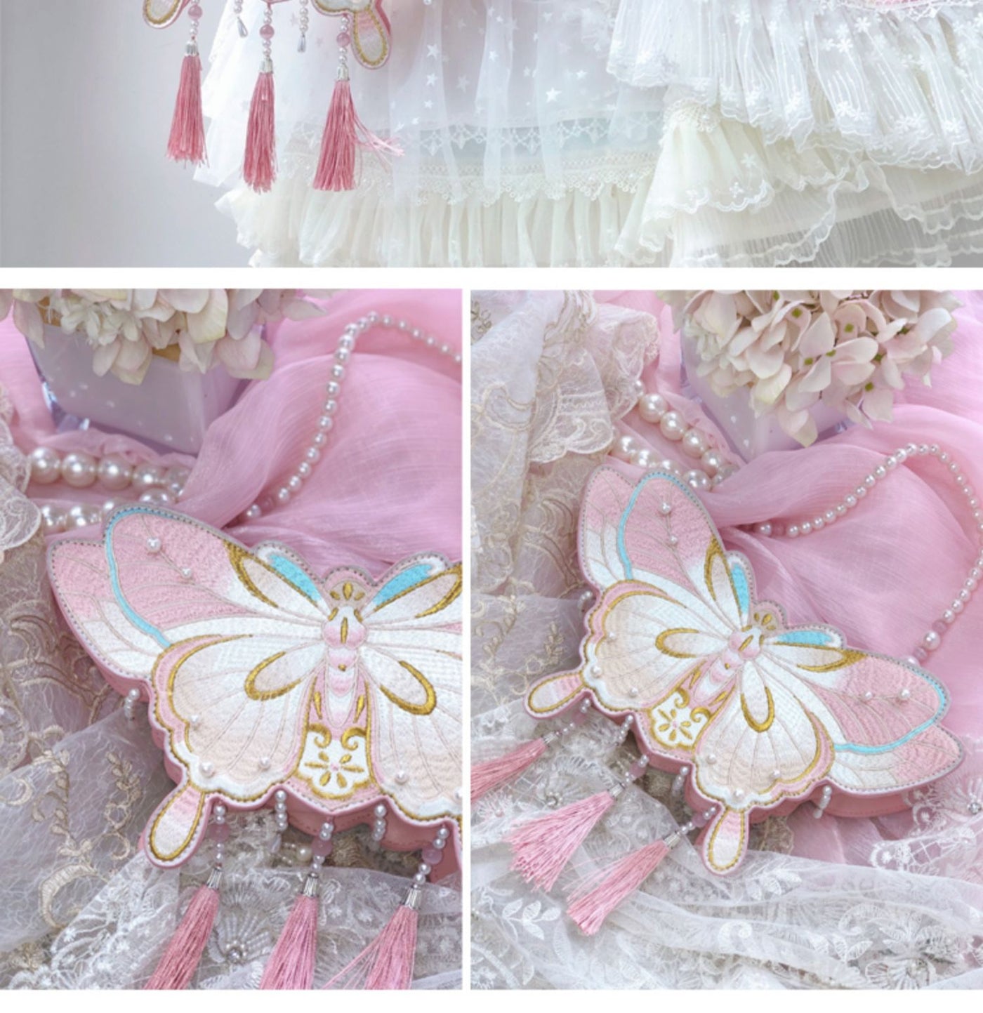 LovelyLota - Butterfly Embroidery - Pearl-Trimmed Handbag