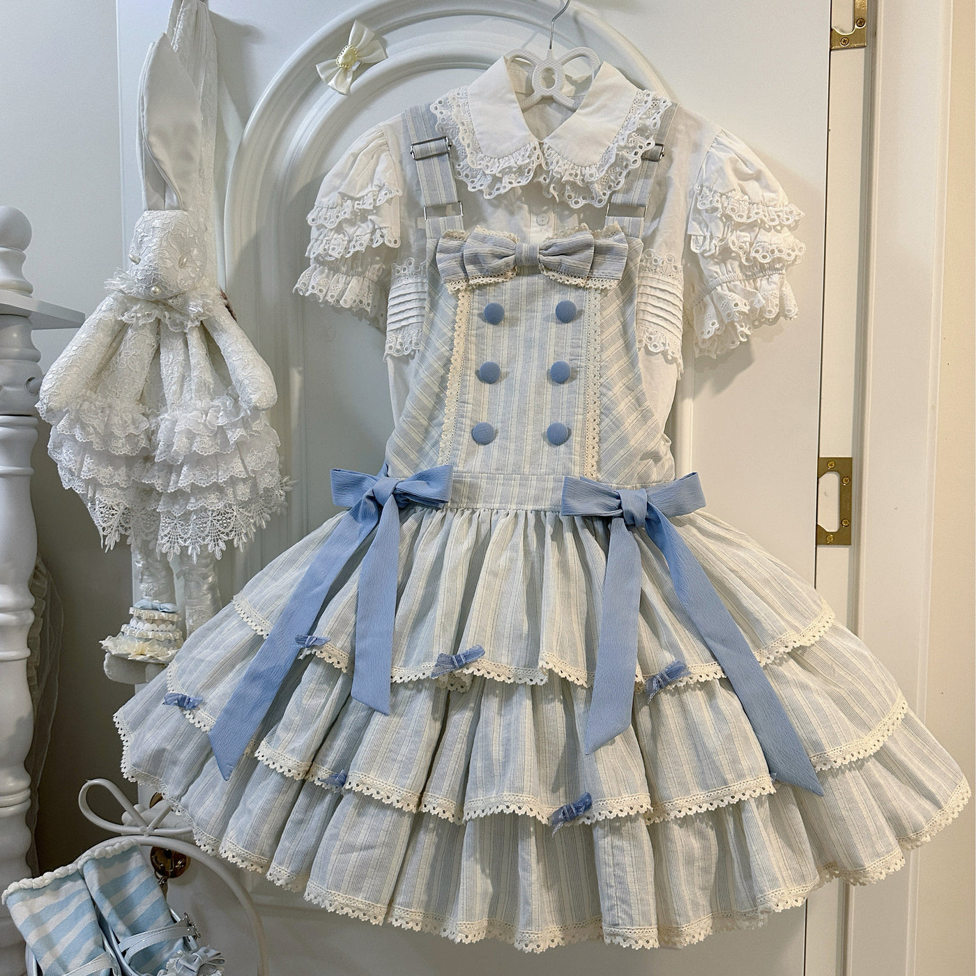 White Tea Story Mian Mian Bing Lolita Jumper Skirt in sea salt stripe, front view