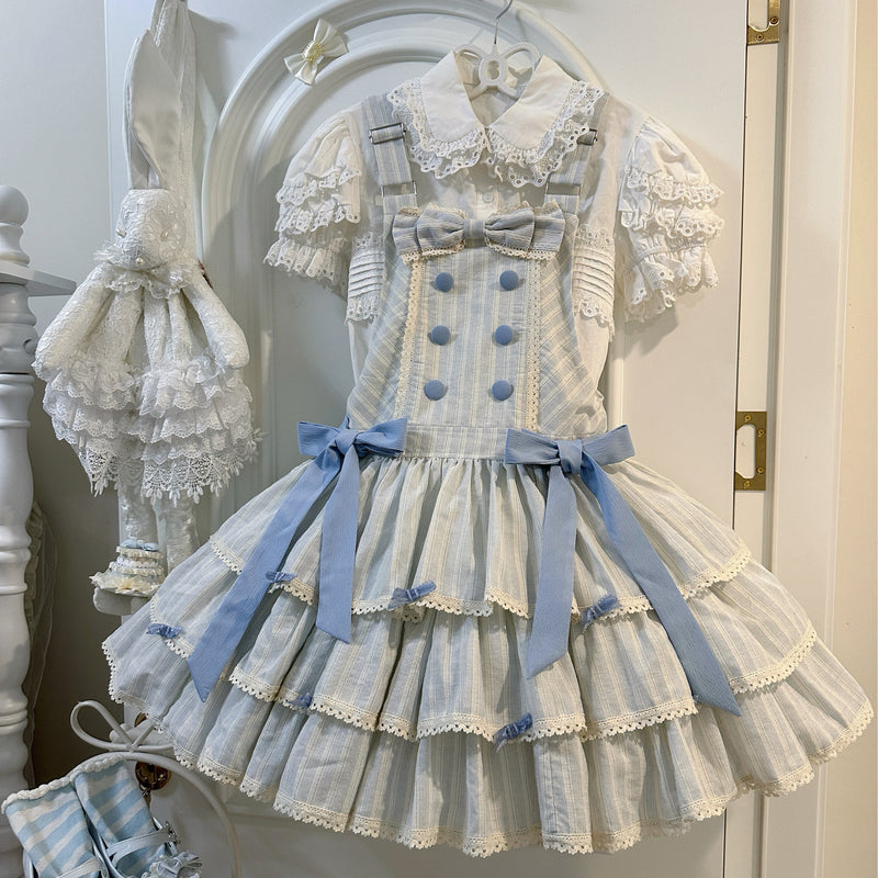White Tea Story Mian Mian Bing Lolita Jumper Skirt in sea salt stripe, front view