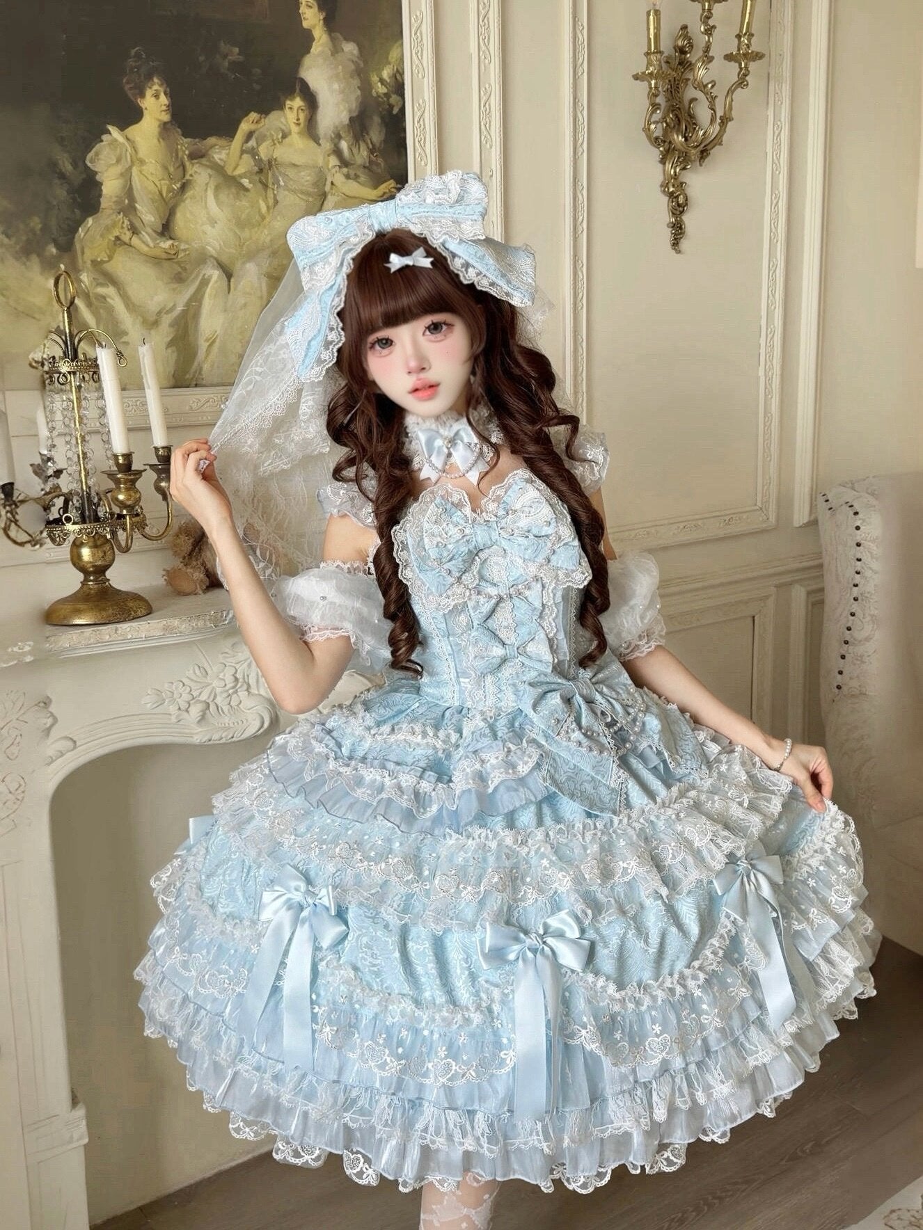 Pink Sweet Lolita JSK with tiered ruffled skirt and lace trim