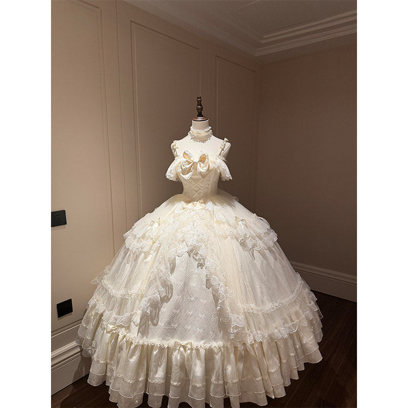 Champagne off-shoulder lolita ballgown with lace-trimmed neckline displayed on mannequin