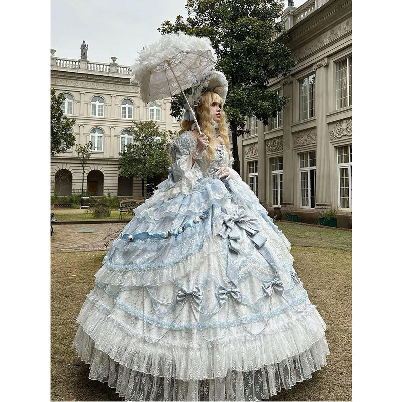 Dream Island - Rococo Sweet Lolita Gown - Blue floor-length tiered