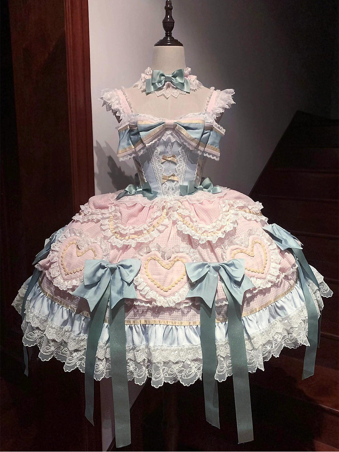 Mint green and pink sweet lolita JSK dress set with matching necklace and hat