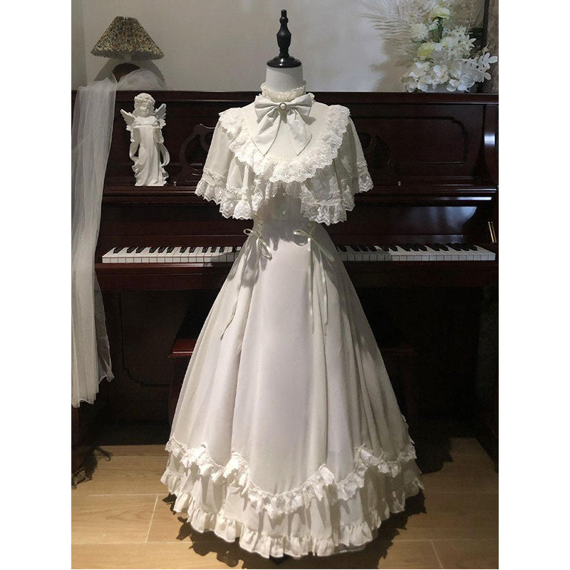 Creamy - White Lace Capelet Dress - Light Purple Lining