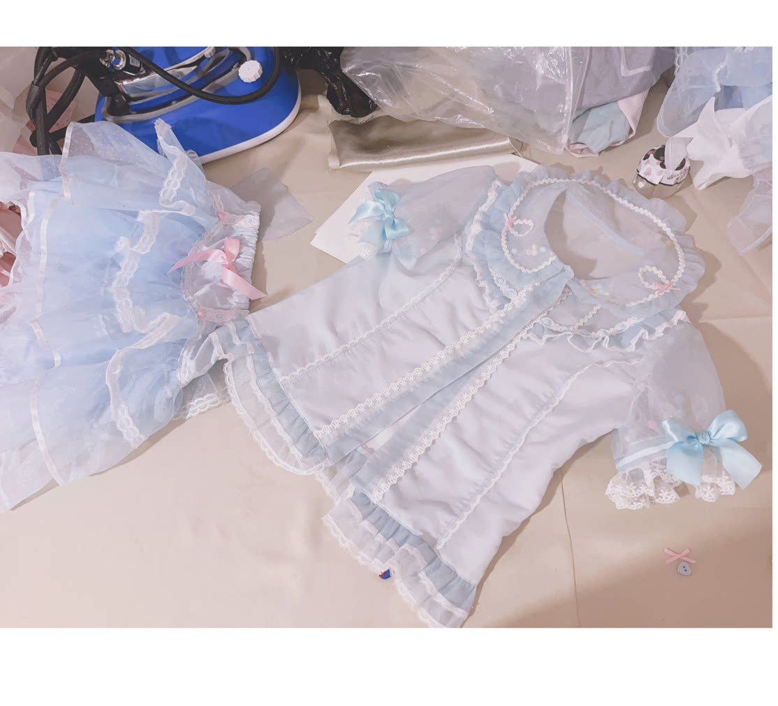 Solid pink heart-flocked organza two-piece Lolita set, S size
