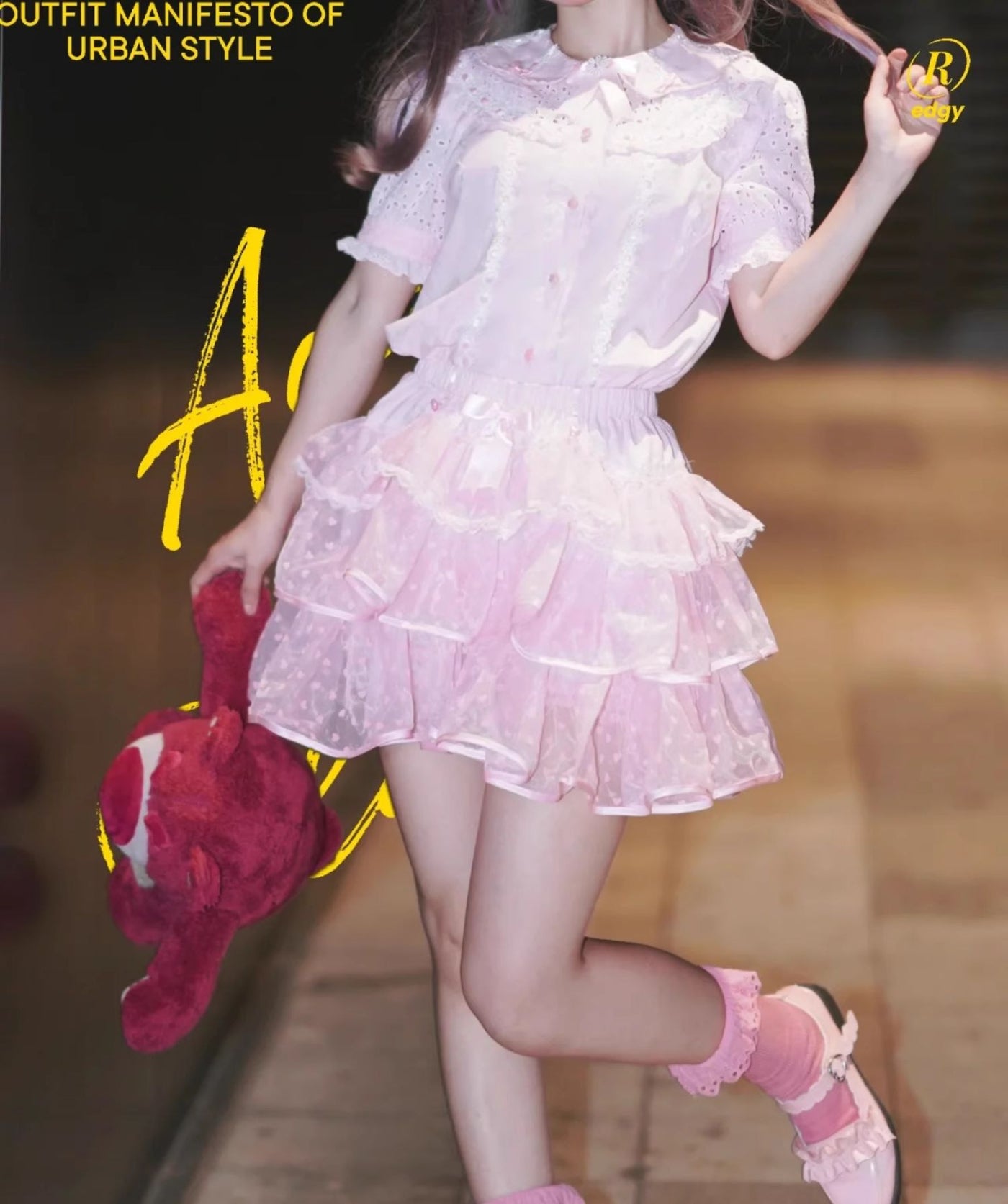 Garrot Bunny - Heart Flocked Organza Two-Piece Skort Set - Two-piece Lolita