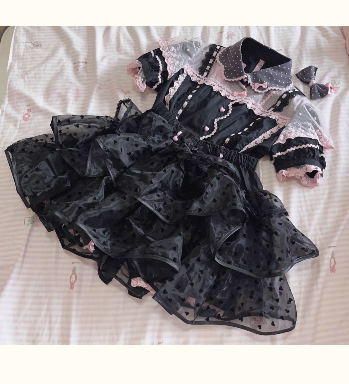 Garrot Bunny - Heart Flocked Organza Two-Piece Skort Set - Two-piece Lolita