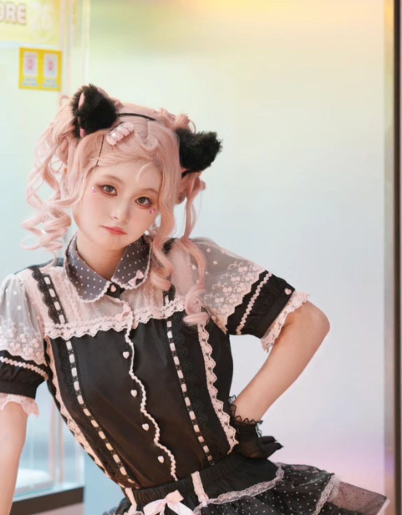 Garrot Bunny - Heart Flocked Organza Two-Piece Skort Set - Two-piece Lolita
